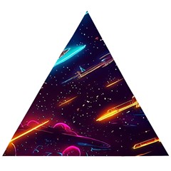 Night Sky Neon Spaceship Drawing Wooden Puzzle Triangle by Ravend