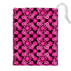 Bitesize Flowers Pearls And Donuts Fuchsia Black Drawstring Pouch (4xl)