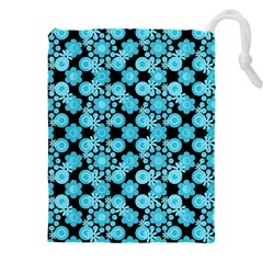Bitesize Flowers Pearls And Donuts Blue Teal Black Drawstring Pouch (5xl) by Mazipoodles