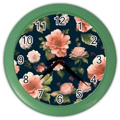 Wallpaper-with-floral-pattern-green-leaf Color Wall Clock by designsbymallika