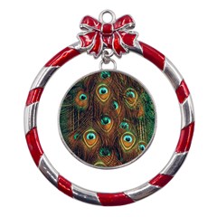 Peacock Feathers Metal Red Ribbon Round Ornament