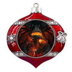 Dragon Art Fire Digital Fantasy Metal Snowflake And Bell Red Ornament by Celenk