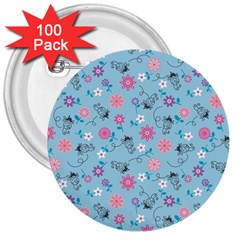 Pink And Blue Floral Wallpaper 3  Buttons (100 Pack)  by uniart180623