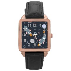 Space Background Illustration With Stars And Rocket Seamless Vector Pattern Rose Gold Leather Watch  by uniart180623