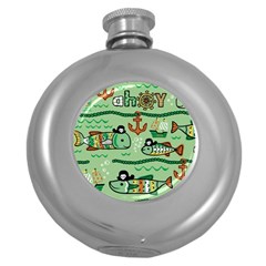 Seamless Pattern Fishes Pirates Cartoon Round Hip Flask (5 Oz)