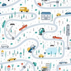 Cute Children Seamless Pattern With Cars Road Park Houses White Background Illustration Town Cartooo Play Mat (rectangle) by Simbadda
