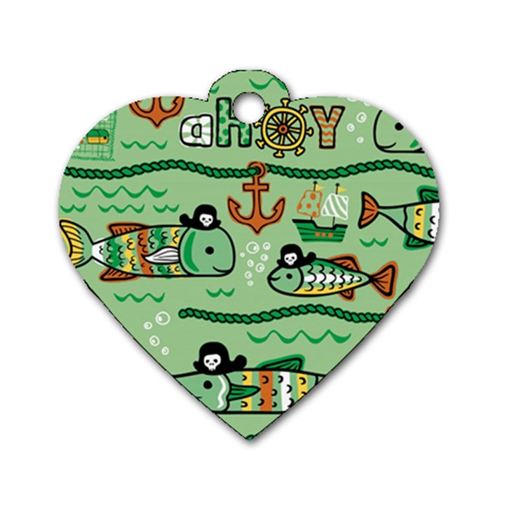 Seamless Pattern Fishes Pirates Cartoon Dog Tag Heart (One Side)