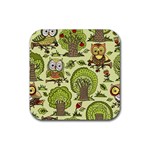 Seamless Pattern With Trees Owls Rubber Coaster (Square)