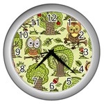 Seamless Pattern With Trees Owls Wall Clock (Silver)