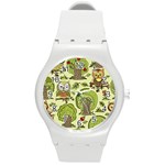 Seamless Pattern With Trees Owls Round Plastic Sport Watch (M)