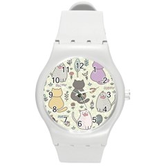 Funny Cartoon Cat Seamless Pattern Round Plastic Sport Watch (m) by Simbadda