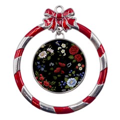 Floral-folk-fashion-ornamental-embroidery-pattern Metal Red Ribbon Round Ornament by Simbadda