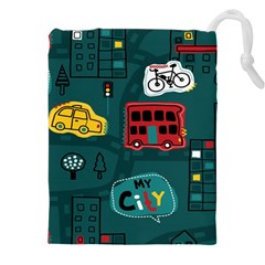 Seamless-pattern-hand-drawn-with-vehicles-buildings-road Drawstring Pouch (5xl) by Simbadda