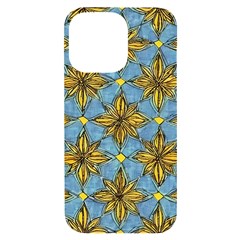 Gold Abstract Flowers Pattern At Blue Background Iphone 14 Pro Max Black Uv Print Case by Casemiro