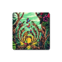 Monkey Tiger Bird Parrot Forest Jungle Style Square Magnet by Grandong
