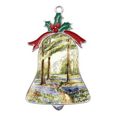 Trees Park Watercolor Lavender Flowers Foliage Metal Holly Leaf Bell Ornament