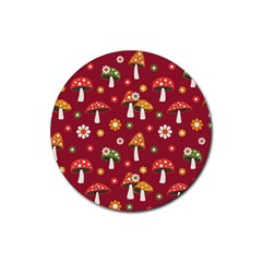 Woodland Mushroom And Daisy Seamless Pattern On Red Backgrounds Rubber Coaster (round) by Amaryn4rt
