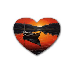 Boat Sunset Lake Water Nature Rubber Heart Coaster (4 Pack) by Ravend