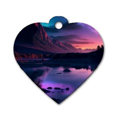 Lake Mountain Night Sea Flower Nature Dog Tag Heart (one Side) by Ravend