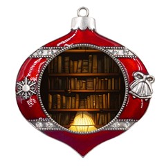 Books Library Metal Snowflake And Bell Red Ornament by uniart180623