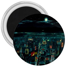 Night Black City Neon Sky Stars Moon Abstract 3  Magnets by Cowasu