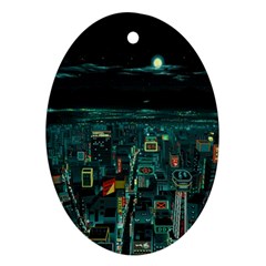 Night Black City Neon Sky Stars Moon Abstract Ornament (oval) by Cowasu