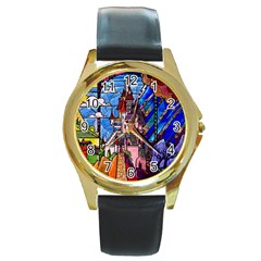 Beauty Stained Glass Castle Building Round Gold Metal Watch by Cowasu
