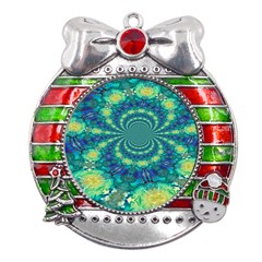 Fractal Metal X mas Ribbon With Red Crystal Round Ornament