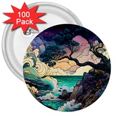 Tree Wave Ocean 3  Buttons (100 Pack) 