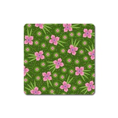 Pink Flower Background Pattern Square Magnet by Ravend