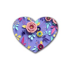 3d Flowers Pattern Flora Background Rubber Heart Coaster (4 Pack)