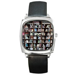 Book Collection In Brown Wooden Bookcases Books Bookshelf Library Square Metal Watch by Ravend