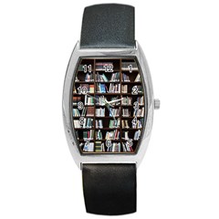 Book Collection In Brown Wooden Bookcases Books Bookshelf Library Barrel Style Metal Watch by Ravend