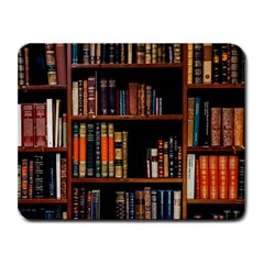 Assorted Title Of Books Piled In The Shelves Assorted Book Lot Inside The Wooden Shelf Small Mousepad by Ravend