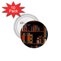 Assorted Title Of Books Piled In The Shelves Assorted Book Lot Inside The Wooden Shelf 1 75  Buttons (10 Pack) by Ravend
