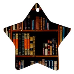 Assorted Title Of Books Piled In The Shelves Assorted Book Lot Inside The Wooden Shelf Star Ornament (two Sides) by Ravend