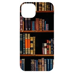 Assorted Title Of Books Piled In The Shelves Assorted Book Lot Inside The Wooden Shelf Iphone 14 Plus Black Uv Print Case by Ravend