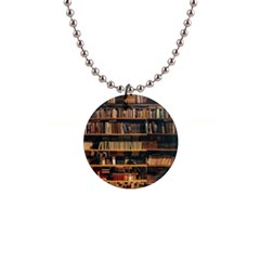Books On Bookshelf Assorted Color Book Lot In Bookcase Library 1  Button Necklace by Ravend