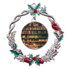 Books On Bookshelf Assorted Color Book Lot In Bookcase Library Metal X mas Wreath Holly Leaf Ornament by Ravend
