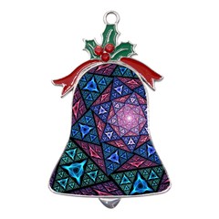 Purple Psychedelic Art Pattern Mosaic Design Fractal Art Metal Holly Leaf Bell Ornament by Bedest