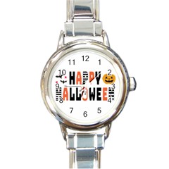 Happy Halloween Slot Text Orange Round Italian Charm Watch by Sarkoni