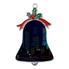 Pixel Art Night City Japan Metal Holly Leaf Bell Ornament by Sarkoni