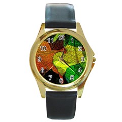 Colorful Autumn Leaves Texture Abstract Pattern Round Gold Metal Watch by Grandong