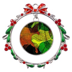 Colorful Autumn Leaves Texture Abstract Pattern Metal X mas Wreath Ribbon Ornament by Grandong