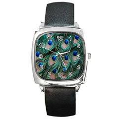 Peacock-feathers,blue2 Square Metal Watch