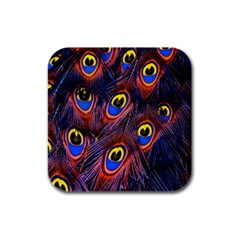 Peacock-feathers,blue,yellow Rubber Square Coaster (4 Pack) by nateshop