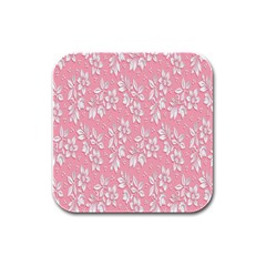 Pink Texture With White Flowers, Pink Floral Background Rubber Square Coaster (4 Pack) by nateshop