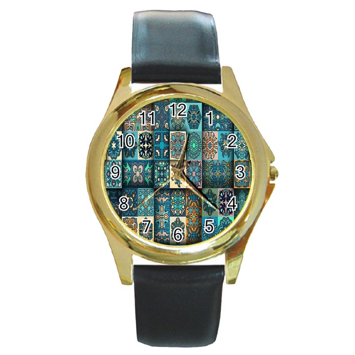 Texture, Pattern, Abstract, Colorful, Digital Art Round Gold Metal Watch