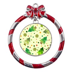 Geometric Christmas Pattern Metal Red Ribbon Round Ornament