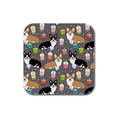 Welsh Corgi Dog Boba Tea Bubble Kawaii Rubber Square Coaster (4 Pack) by Grandong